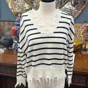 “Just Polly” Black and White Stripe Fringe Sweater